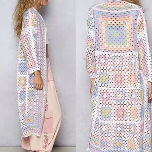 POL Crocheted Granny Squares Pastel Long Cardigan One Size